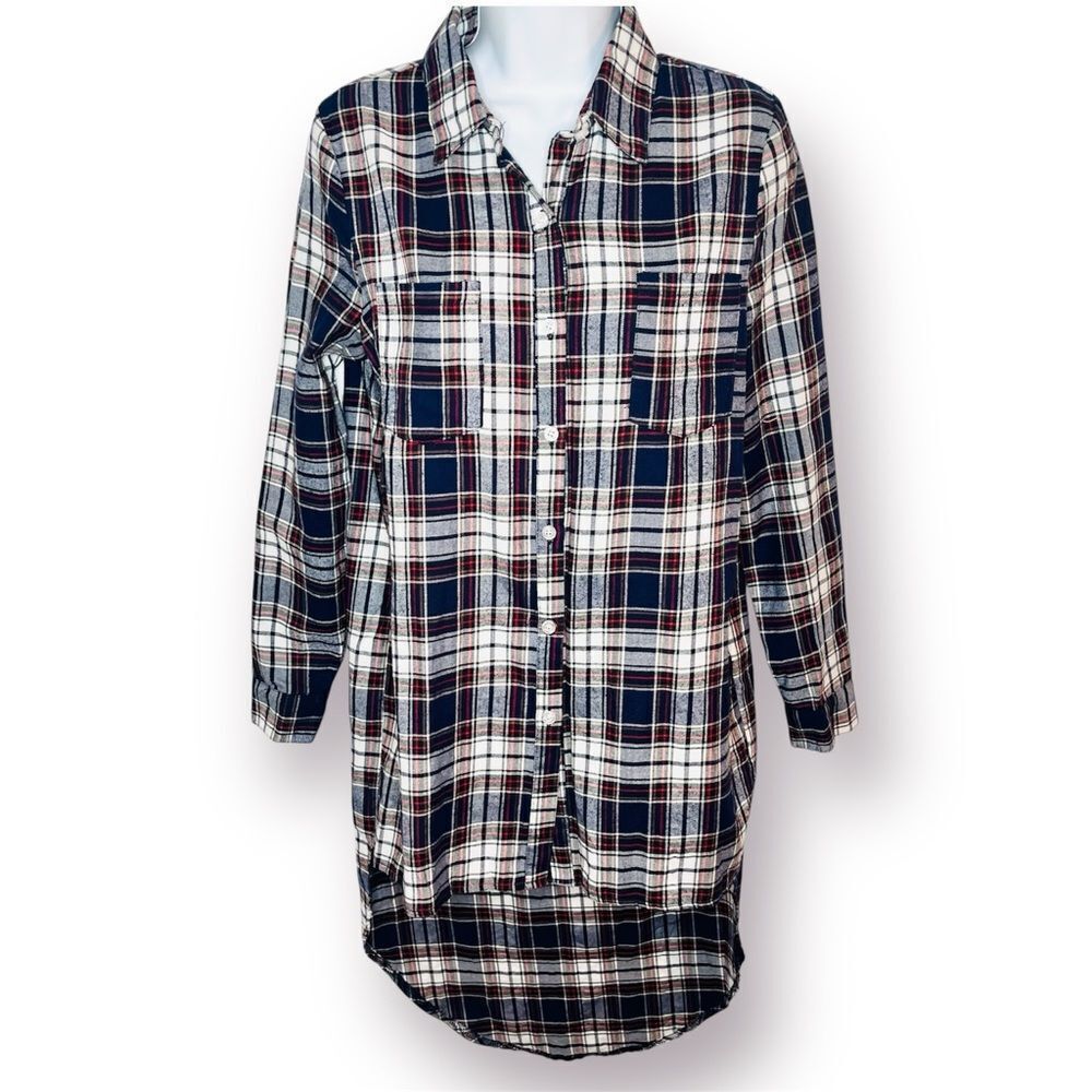Say What? High Low Cotton Plaid Flannel Shirt Button Down Tunic Blue Red MJ NWT